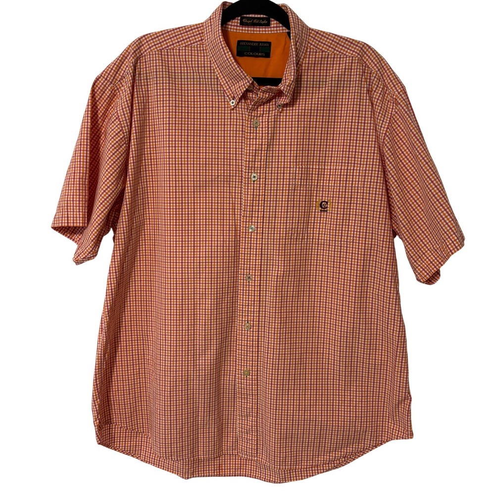 Alexander Julian Shirt Men's XL Orange Pink Plaid Cotton Short Sleeve Preppy‎